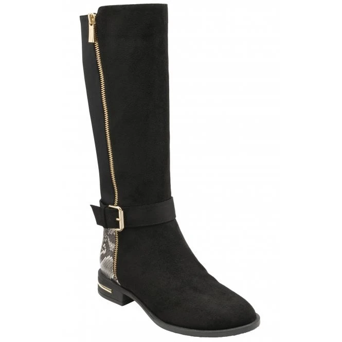 Black Microfibre & Snake-Print Harper Knee High Boots | Lotus 3 Black Microfibre & Snake-Print Harper Knee High Boots | Lotus
