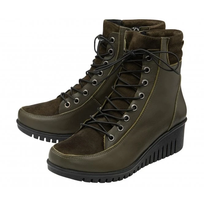Khaki Leather & Suede Delphine Wedge Ankle Boots | Lotus 4 Khaki Leather & Suede Delphine Wedge Ankle Boots | Lotus - Image 2