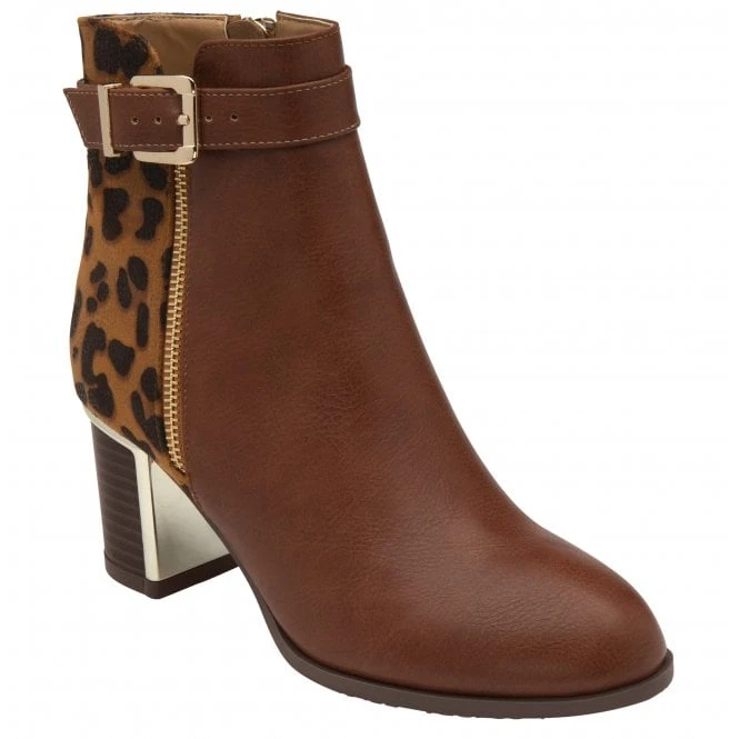 Tan Textile & Leopard-Print Monica Heeled Ankle Boots | Lotus 3 Tan Textile & Leopard-Print Monica Heeled Ankle Boots | Lotus